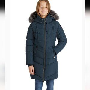 Girls Pajar Navy Midi Hooded Puffer Jacket with Faux Fur - Size 7/8 Like New